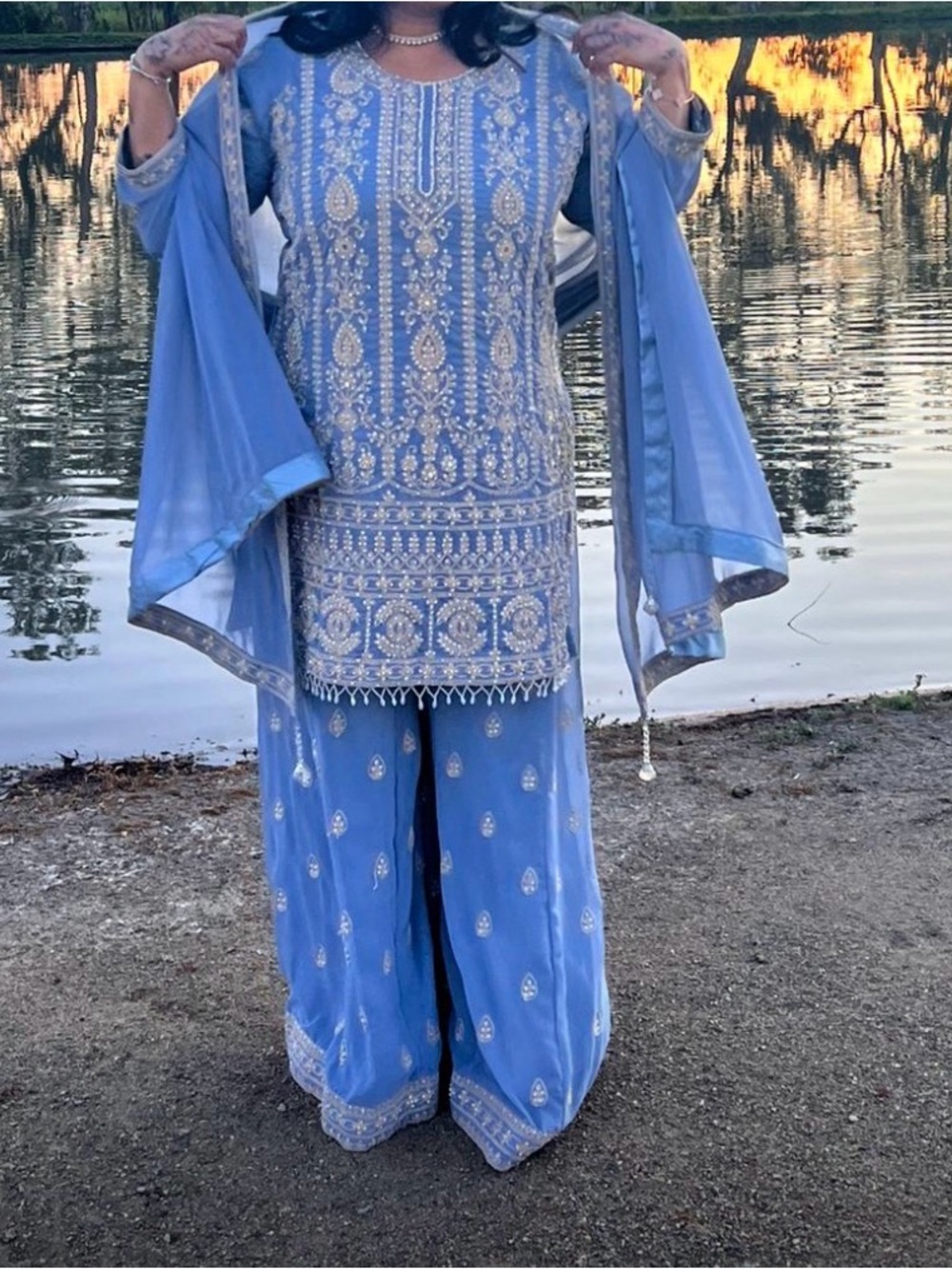 Embellished Sky Blue Women's Punjabi Suit